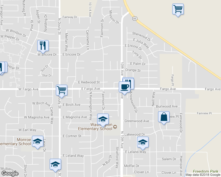 map of restaurants, bars, coffee shops, grocery stores, and more near 580 East Fargo Avenue in Hanford