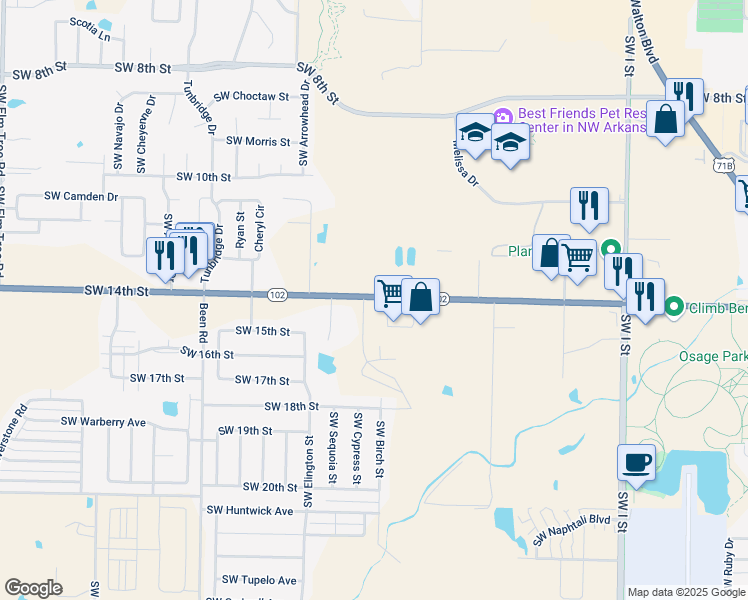 map of restaurants, bars, coffee shops, grocery stores, and more near 1605 Arkansas 102 in Bentonville