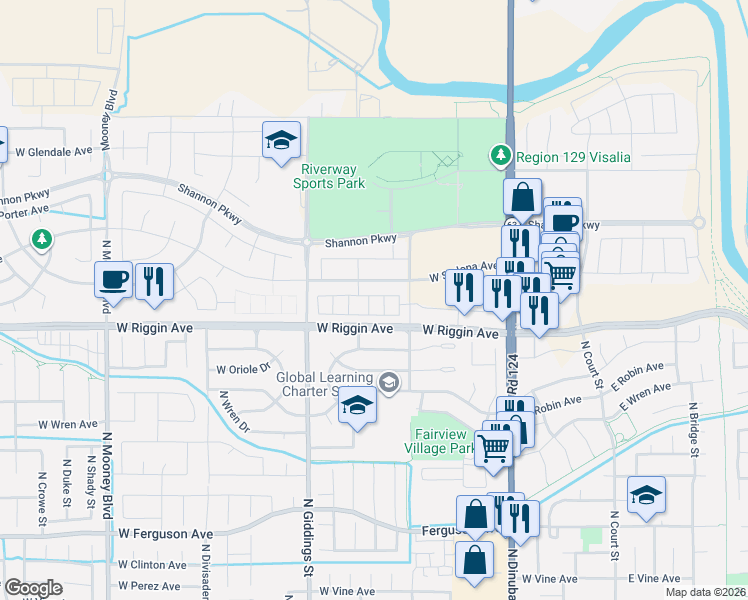 map of restaurants, bars, coffee shops, grocery stores, and more near 1001-1043 West Riggin Avenue in Visalia