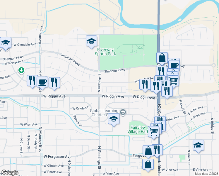 map of restaurants, bars, coffee shops, grocery stores, and more near 1109-1125 West Riggin Avenue in Visalia