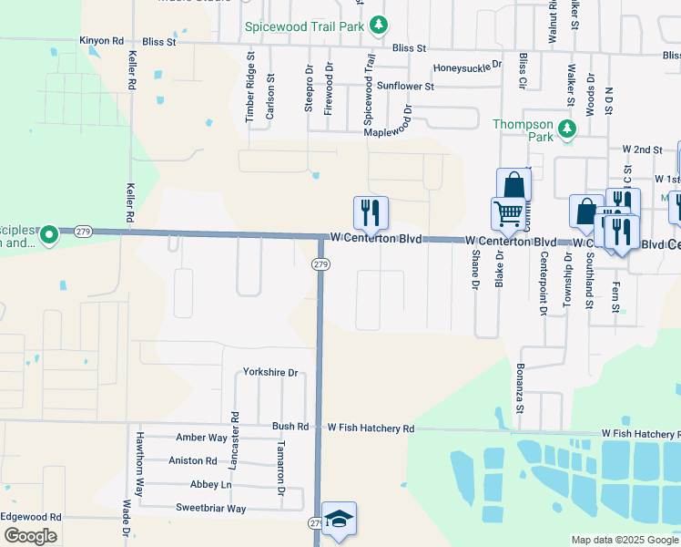 map of restaurants, bars, coffee shops, grocery stores, and more near 194 North Vaughn Road in Centerton