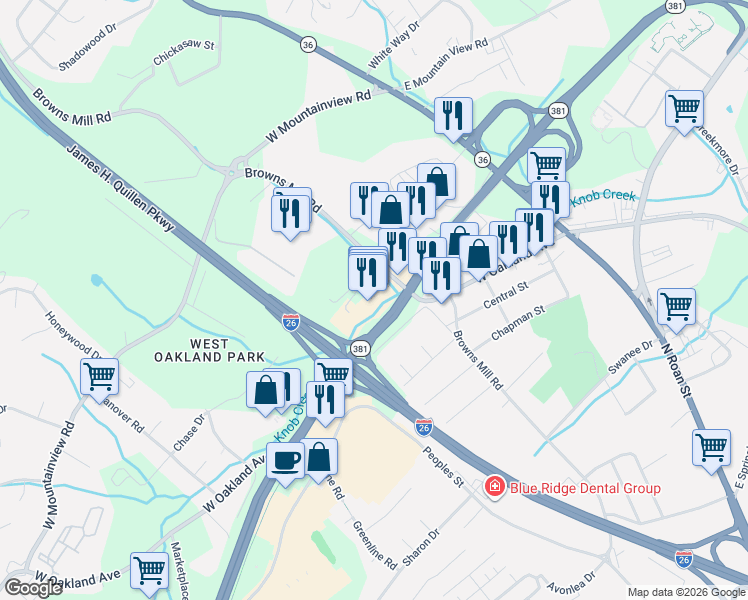 map of restaurants, bars, coffee shops, grocery stores, and more near 3101 Browns Mill Road in Johnson City