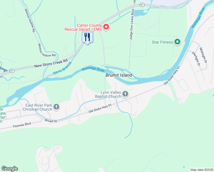 map of restaurants, bars, coffee shops, grocery stores, and more near 1329 Broad Street in Elizabethton