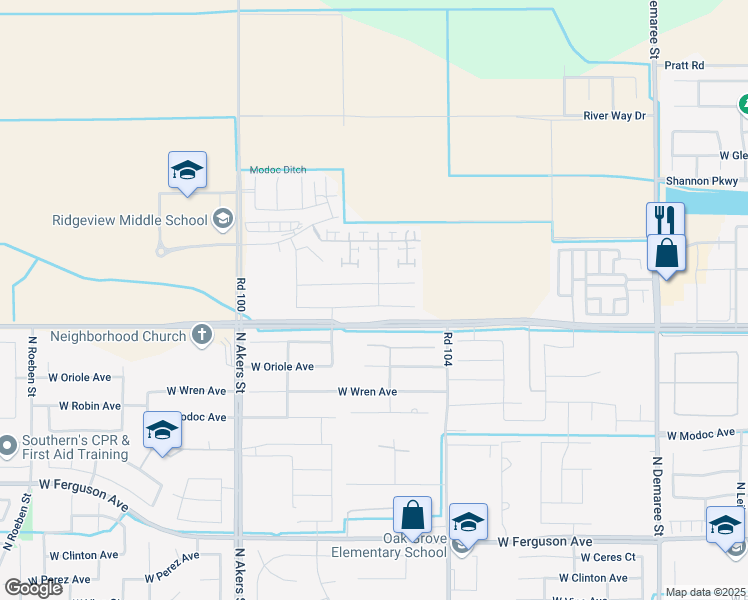 map of restaurants, bars, coffee shops, grocery stores, and more near 5007-5009 West Riggin Avenue in Visalia