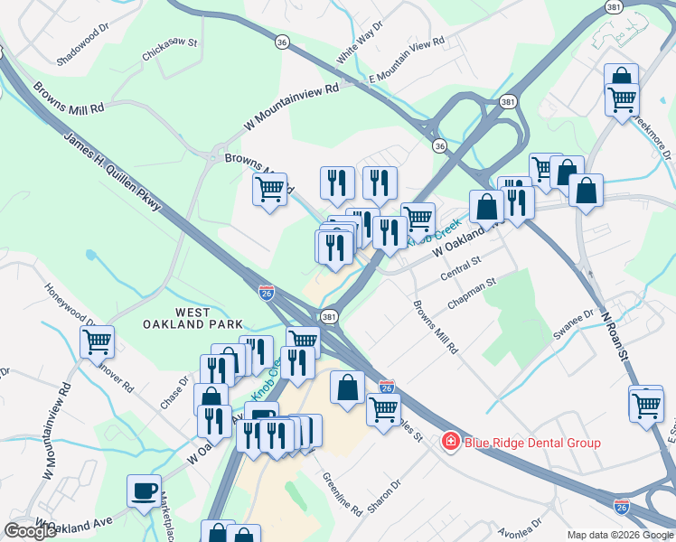 map of restaurants, bars, coffee shops, grocery stores, and more near 3101 Browns Mill Road in Johnson City