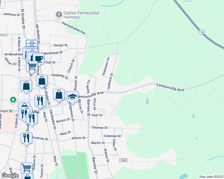 map of restaurants, bars, coffee shops, grocery stores, and more near 801 Lawsonville Avenue in Reidsville