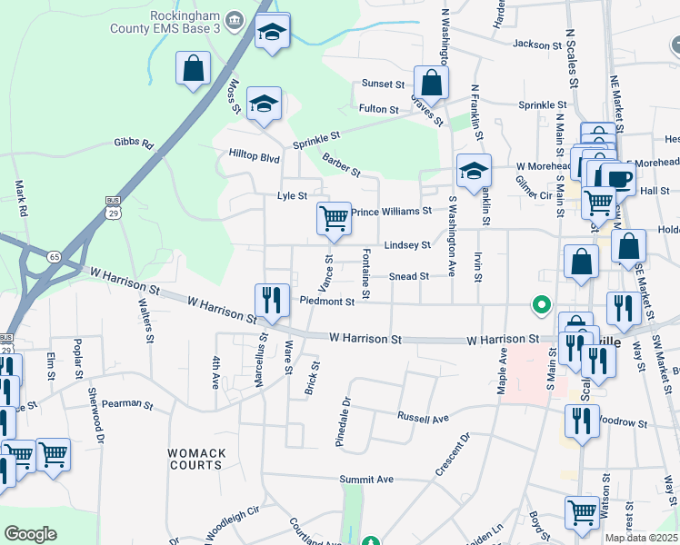 map of restaurants, bars, coffee shops, grocery stores, and more near 813 Wyatt Street in Reidsville