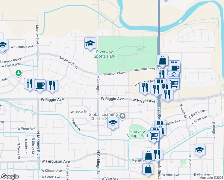 map of restaurants, bars, coffee shops, grocery stores, and more near 1109-1125 West Riggin Avenue in Visalia