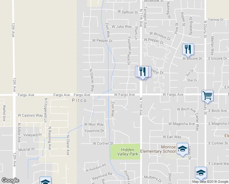 map of restaurants, bars, coffee shops, grocery stores, and more near 951 West Redwood Street in Hanford