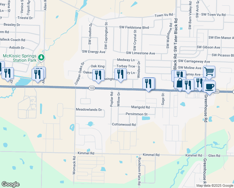 map of restaurants, bars, coffee shops, grocery stores, and more near 110 Willow Drive in Centerton