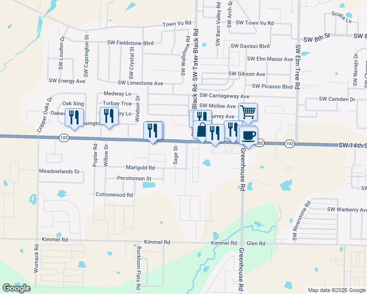 map of restaurants, bars, coffee shops, grocery stores, and more near 122 Foxglove Street in Centerton