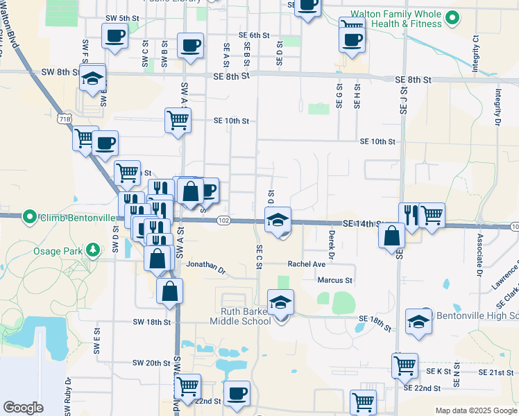 map of restaurants, bars, coffee shops, grocery stores, and more near 1307 Southeast C Street in Bentonville