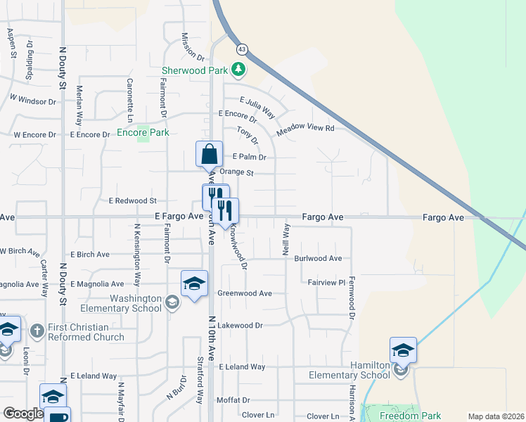 map of restaurants, bars, coffee shops, grocery stores, and more near 845 Redwood Circle in Hanford