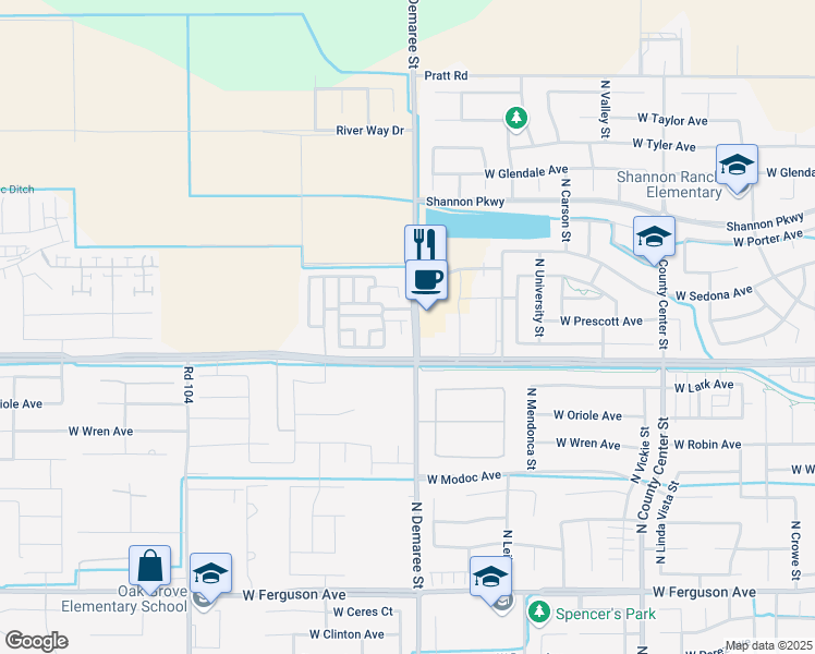 map of restaurants, bars, coffee shops, grocery stores, and more near in Visalia