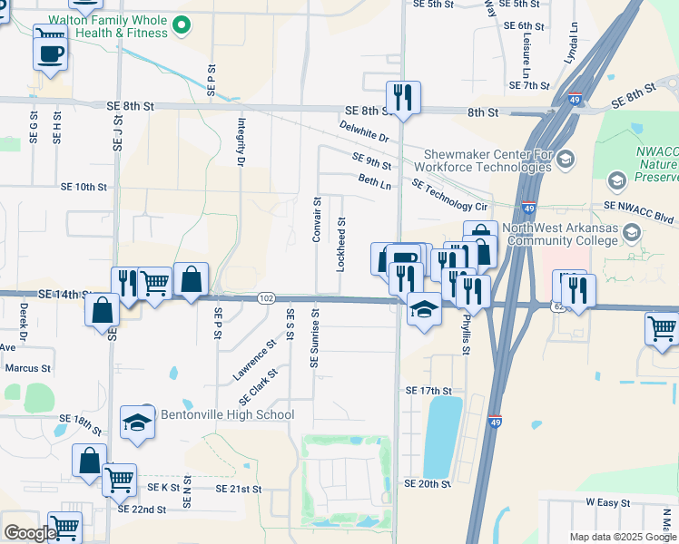 map of restaurants, bars, coffee shops, grocery stores, and more near 1308 Lockheed Street in Bentonville