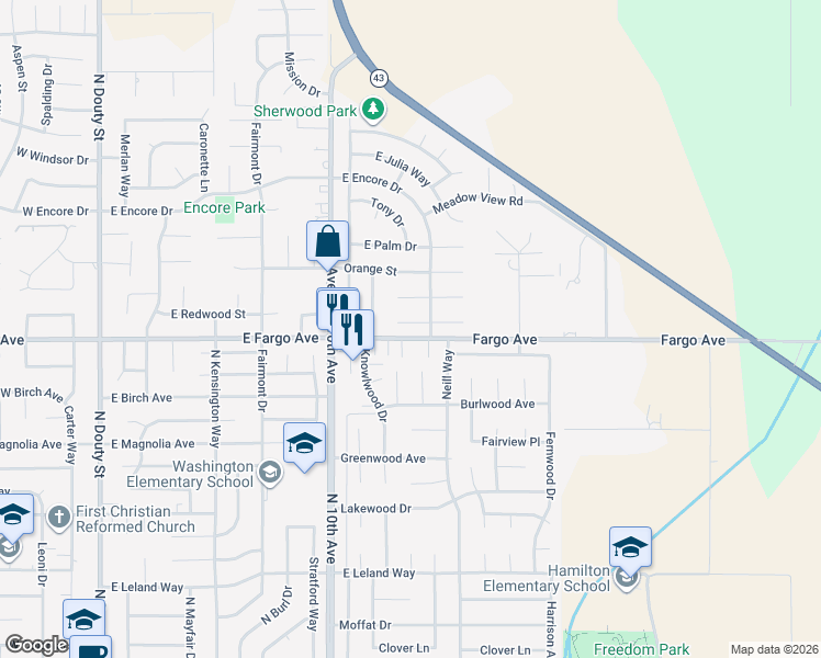 map of restaurants, bars, coffee shops, grocery stores, and more near 845 Redwood Circle in Hanford