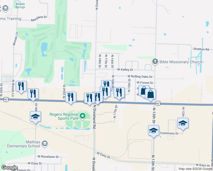 map of restaurants, bars, coffee shops, grocery stores, and more near 1611 West Acorn Drive in Rogers