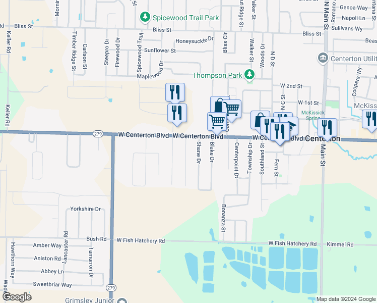 map of restaurants, bars, coffee shops, grocery stores, and more near 195 Hailey Drive in Centerton