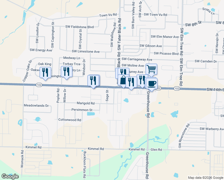 map of restaurants, bars, coffee shops, grocery stores, and more near 122 Foxglove Street in Centerton