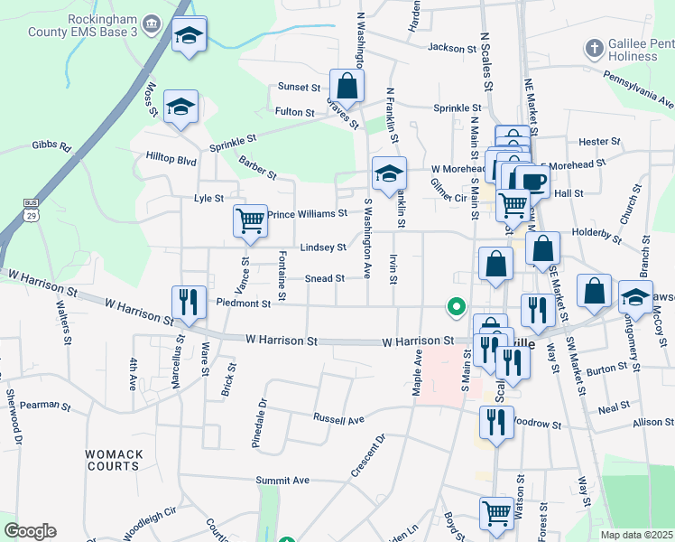 map of restaurants, bars, coffee shops, grocery stores, and more near 616 Snead Street in Reidsville