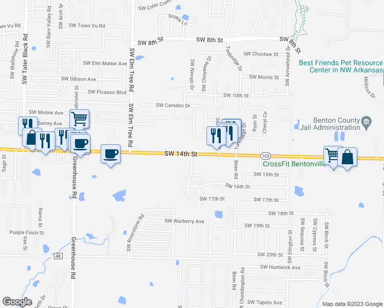 map of restaurants, bars, coffee shops, grocery stores, and more near 2809 Southwest 14th Street in Bentonville