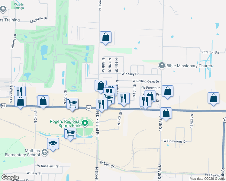 map of restaurants, bars, coffee shops, grocery stores, and more near 1601 West Acorn Drive in Rogers