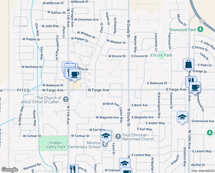 map of restaurants, bars, coffee shops, grocery stores, and more near 2522 Michael Way in Hanford