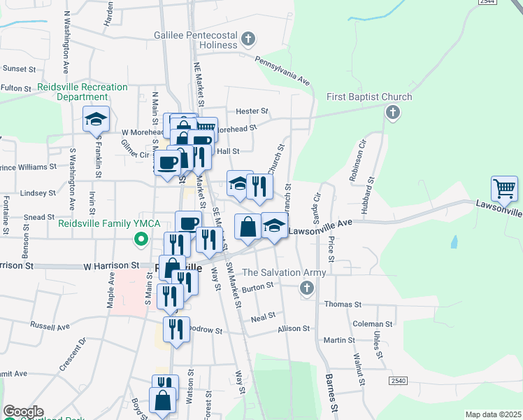 map of restaurants, bars, coffee shops, grocery stores, and more near 212 Lawsonville Avenue in Reidsville