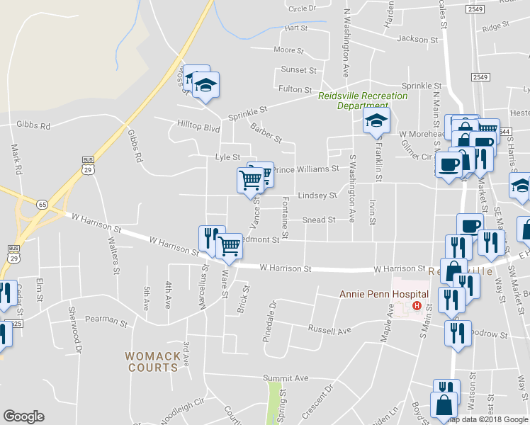 map of restaurants, bars, coffee shops, grocery stores, and more near 813 Wyatt Street in Reidsville