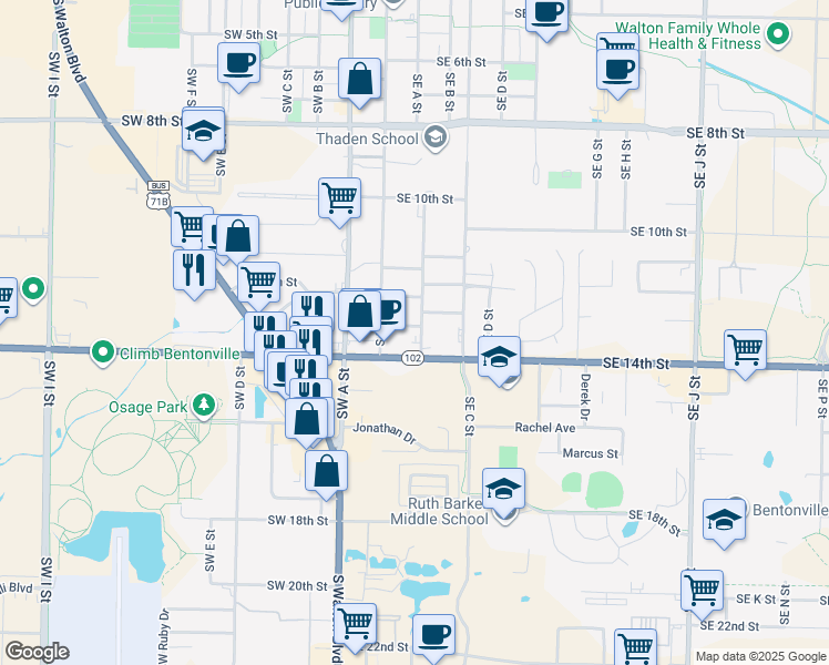 map of restaurants, bars, coffee shops, grocery stores, and more near 1313 Southeast Benton Street in Bentonville