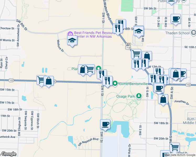 map of restaurants, bars, coffee shops, grocery stores, and more near 1000 Southwest 14th Street in Bentonville