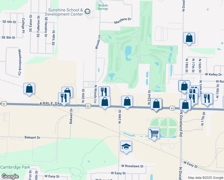 map of restaurants, bars, coffee shops, grocery stores, and more near 2600 North 24th Street in Rogers