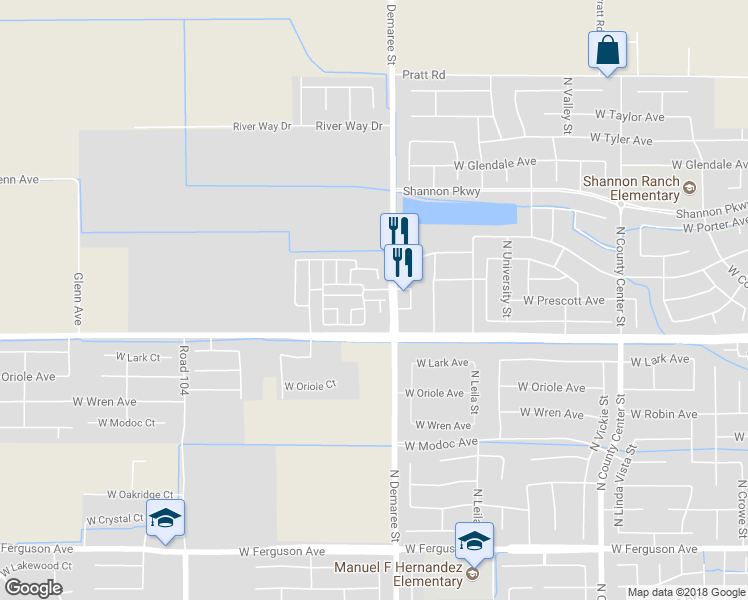 map of restaurants, bars, coffee shops, grocery stores, and more near 3742 West Prescott Avenue in Visalia