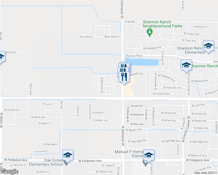 map of restaurants, bars, coffee shops, grocery stores, and more near 3843 West Jerome Avenue in Visalia