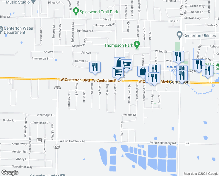 map of restaurants, bars, coffee shops, grocery stores, and more near 193 Shane Drive in Centerton