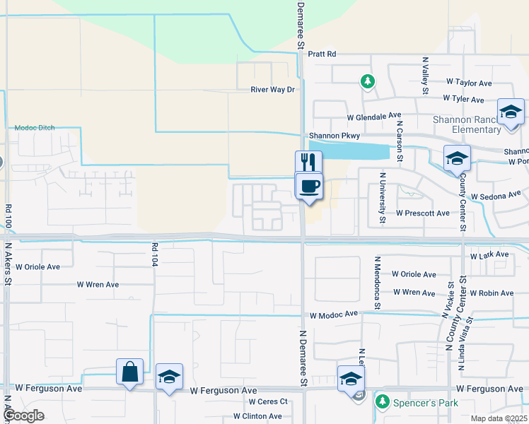 map of restaurants, bars, coffee shops, grocery stores, and more near 3901 West Jerome Avenue in Visalia