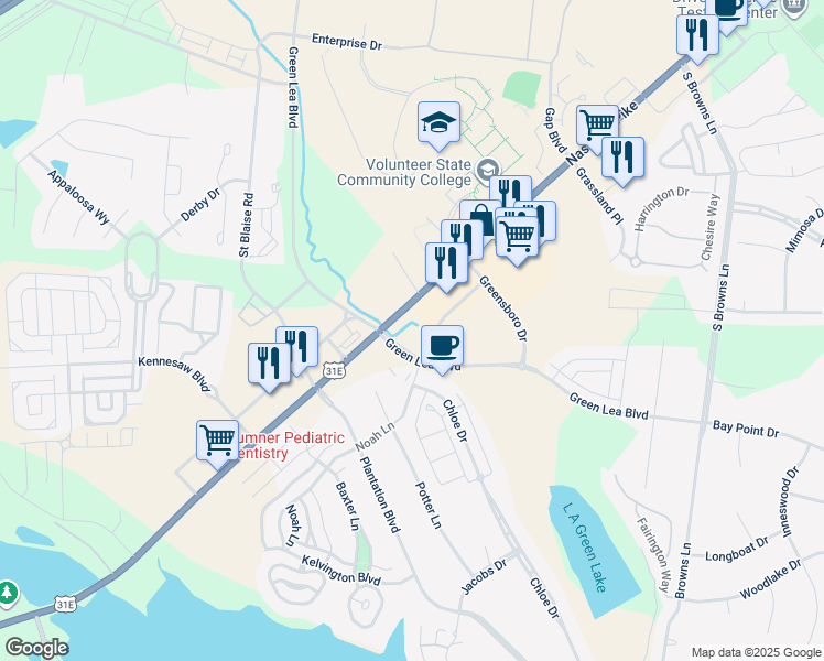 map of restaurants, bars, coffee shops, grocery stores, and more near 1553 Nashville Pike in Gallatin