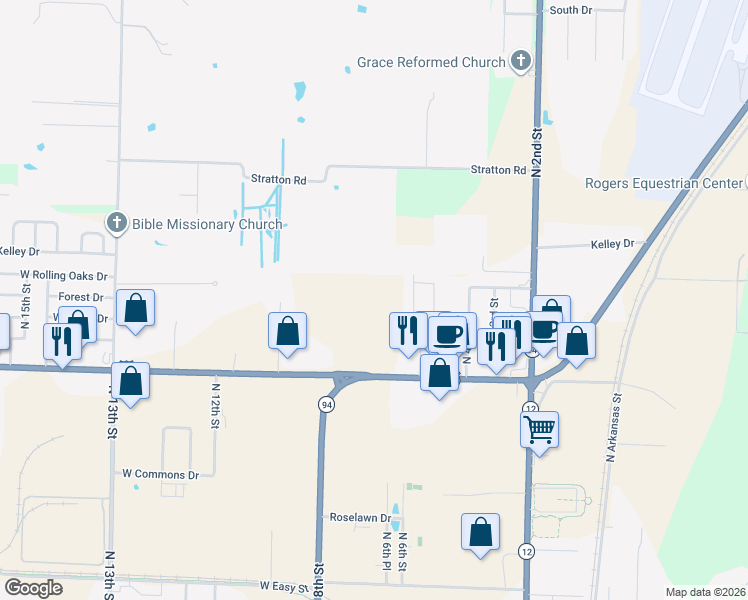 map of restaurants, bars, coffee shops, grocery stores, and more near 729 West Hudson Road in Rogers