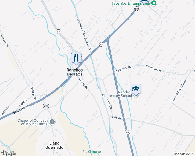 map of restaurants, bars, coffee shops, grocery stores, and more near 18 East Camino Abajo De La Loma in Ranchos de Taos