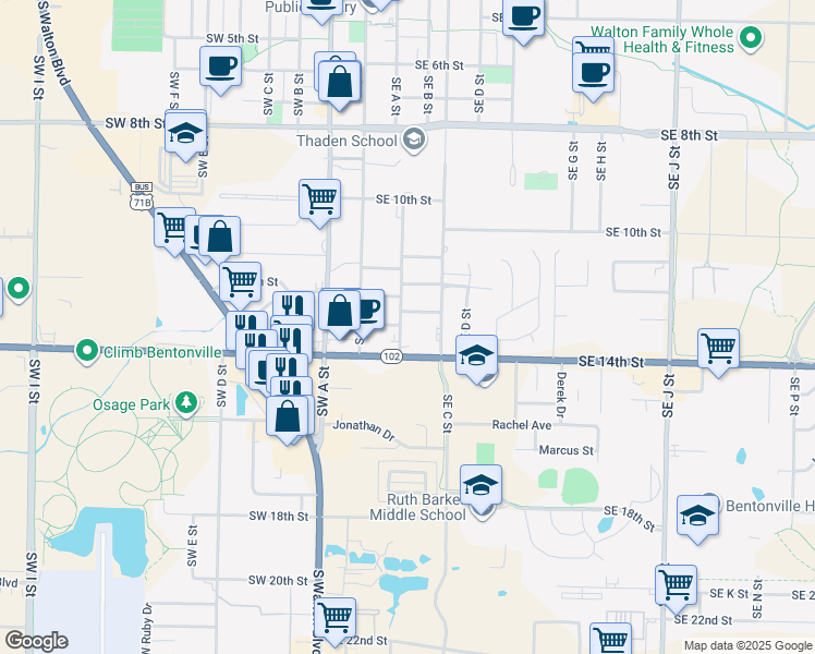 map of restaurants, bars, coffee shops, grocery stores, and more near 1203 Southeast Benton Street in Bentonville