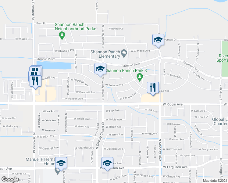 map of restaurants, bars, coffee shops, grocery stores, and more near 3133 North Verde Vista Street in Visalia