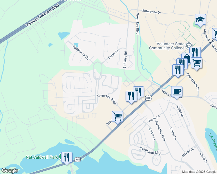 map of restaurants, bars, coffee shops, grocery stores, and more near 1060 Kennesaw Boulevard in Gallatin