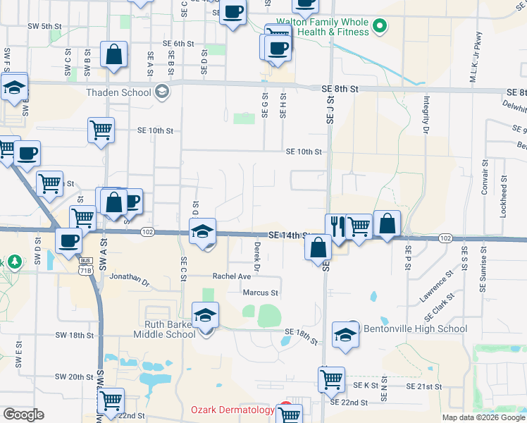 map of restaurants, bars, coffee shops, grocery stores, and more near 1301 Southeast G Street in Bentonville