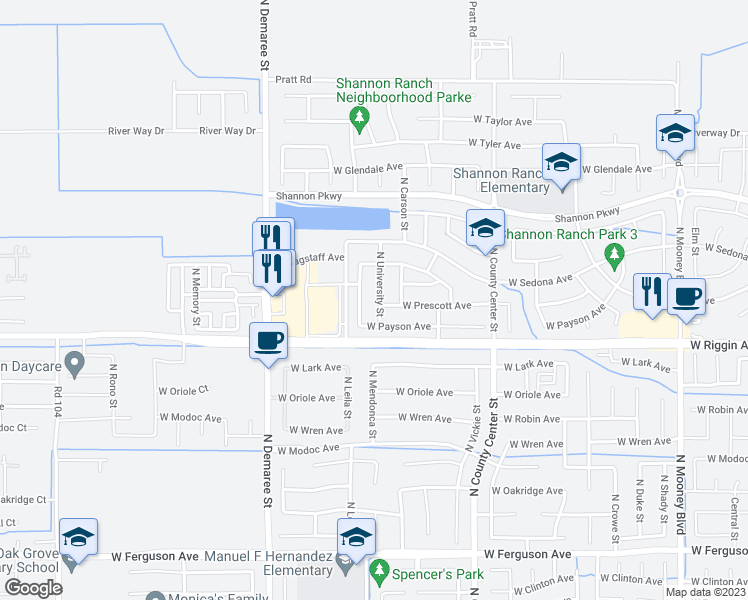 map of restaurants, bars, coffee shops, grocery stores, and more near 3103 North University Street in Visalia