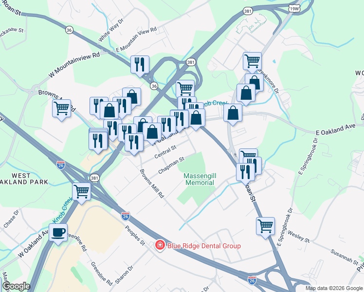 map of restaurants, bars, coffee shops, grocery stores, and more near 308 Central Street in Johnson City