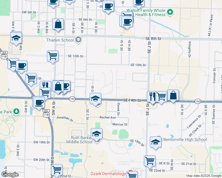 map of restaurants, bars, coffee shops, grocery stores, and more near 1304 Royal Drive in Bentonville