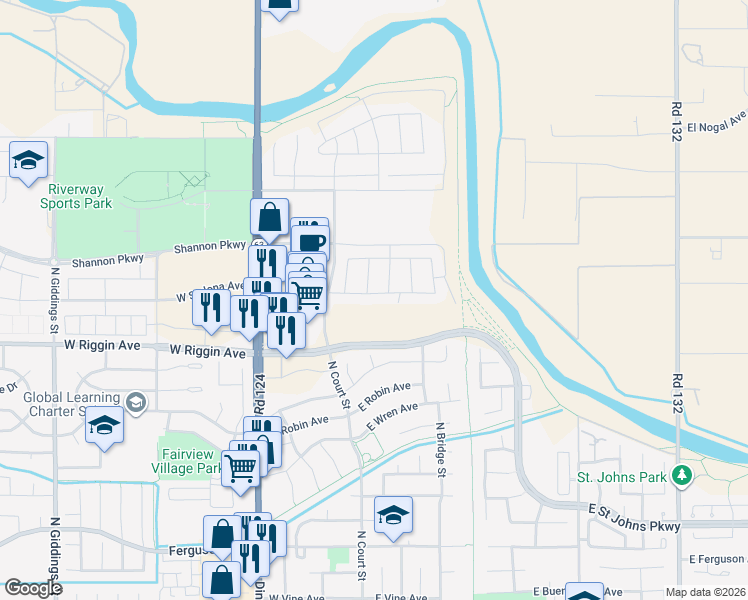 map of restaurants, bars, coffee shops, grocery stores, and more near 3308 North Dinuba Boulevard in Visalia