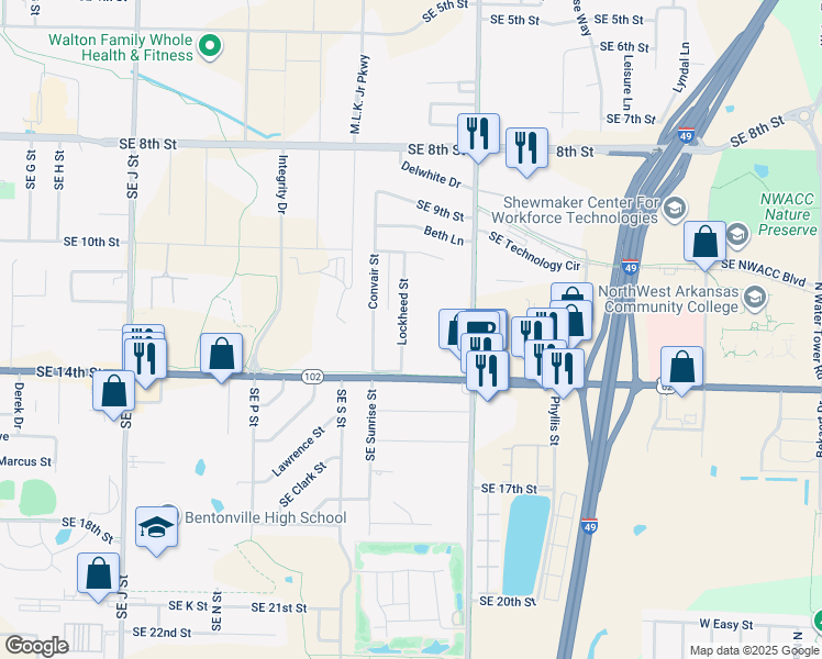 map of restaurants, bars, coffee shops, grocery stores, and more near 1204 Lockheed Street in Bentonville