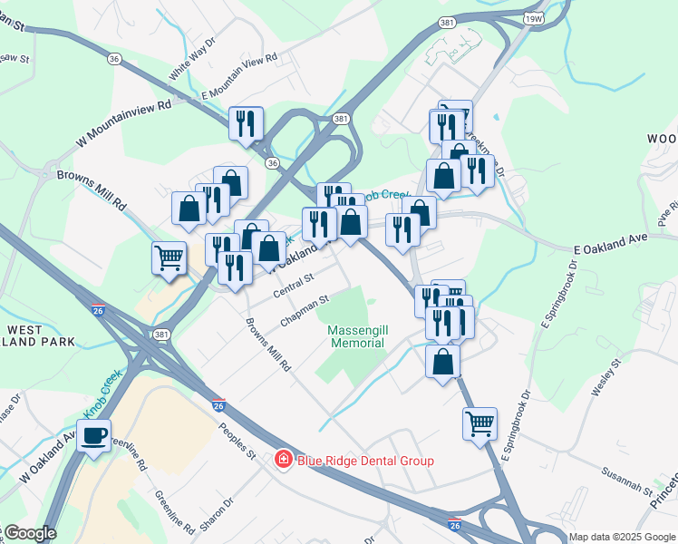 map of restaurants, bars, coffee shops, grocery stores, and more near 2911 Dorothy Street in Johnson City