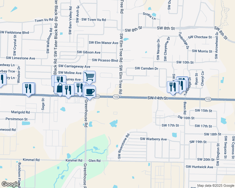 map of restaurants, bars, coffee shops, grocery stores, and more near 1308 Southwest Elm Tree Road in Bentonville
